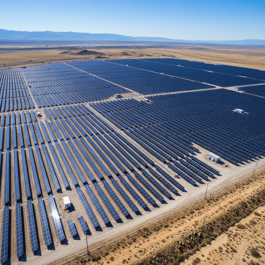 Aerial view of large solar panel farm with rows of photovoltaic panels in Tamil Nadu