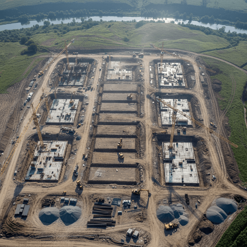 Aerial view of construction site with cranes and building foundations from drone