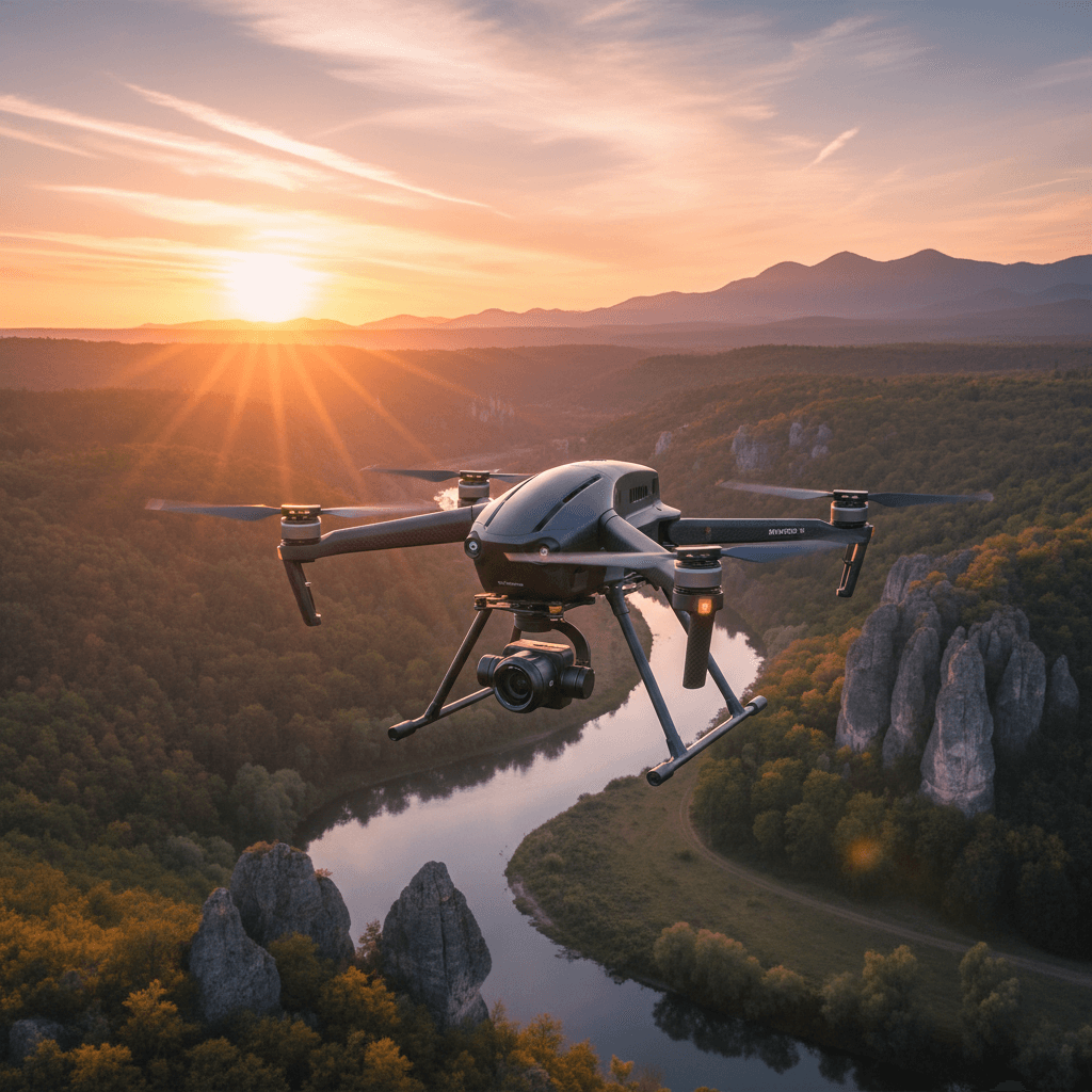 Professional DJI Matrice drone flying over scenic landscape capturing aerial footage