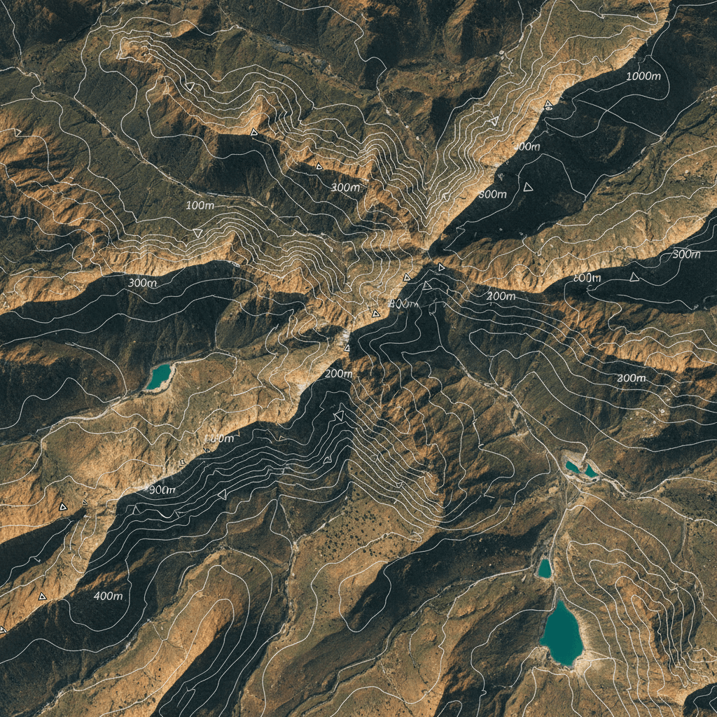 Aerial view of landscape terrain showing topographic features and land contours from above